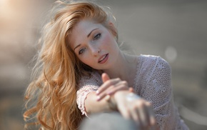 redhead, model, portrait, girl, depth of field, blue eyes