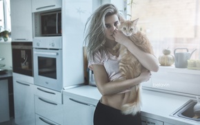 model, looking at viewer, Tatyana Andreevna, cuddle, cat, girl with cat