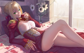 in bed, anime, FateExtra, Saber Extra, looking at viewer, green eyes