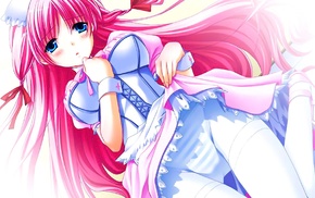 long hair, blue eyes, anime, pantyhose, lifting skirt, pink hair