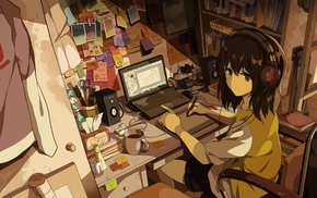 brunette, original characters, computer, anime, looking at viewer, anime girls
