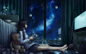reading, anime girls, calm, teddy bears, space, night