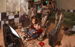 computer, artwork, anime, anime girls, video game girls, robot