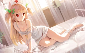 in bed, nurses, red eyes, anime girls, blonde, bed