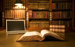laptop, books, table, library