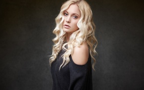 blue eyes, black clothing, face, wavy hair, side view, blonde