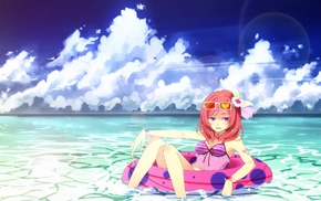 beach, anime girls, water, pink hair, clouds, purple eyes