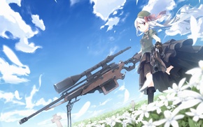 sniper rifle, anime, original characters, flowers, weapon, anime girls