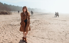 coats, beach, girl, long hair, trench coat, model