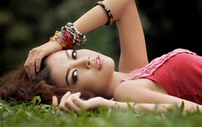 girl outdoors, Asian, model, lying down, long hair, brown eyes