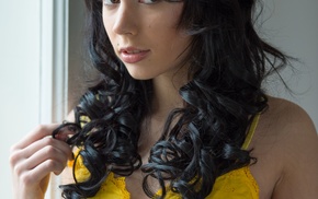 window, curly hair, long hair, portrait display, model, looking at viewer
