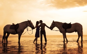 horse, couple, kissing, sunset, love, sea