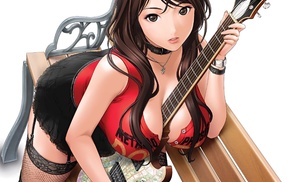 garter belt, cleavage, guitar, fishnets, anime, anime girls