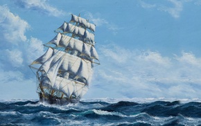 water, sailing ship, painting, sea, waves, sky