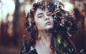 face, double exposure, girl indoors