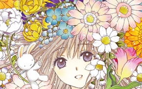 blonde, long hair, smiling, anime girls, blue eyes, flowers