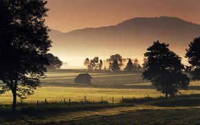Forest Sunset With Fence And Hills
