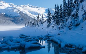 Snowy Mountain Landscape With Lake And Trees