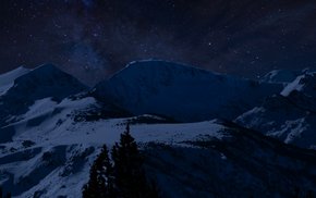 Snowy Mountain Peaks Under Starry Night Sky