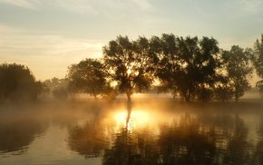 River Horizon Dawn Misty Sunrise