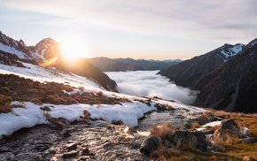 Sunrise At Angelus Hut With Snowy Peaks