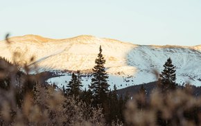 Snow-Covered Mountain Range With Silhouetted Trees