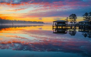 Misty Lake Pier At Sunrise